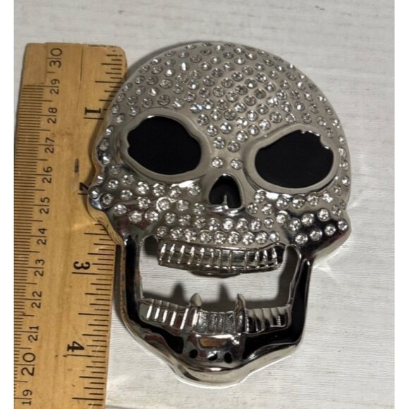 Skull Belt Buckle Silver & Black Rhinestone Bling Metal Gothic Biker Halloween - Picture 8 of 9